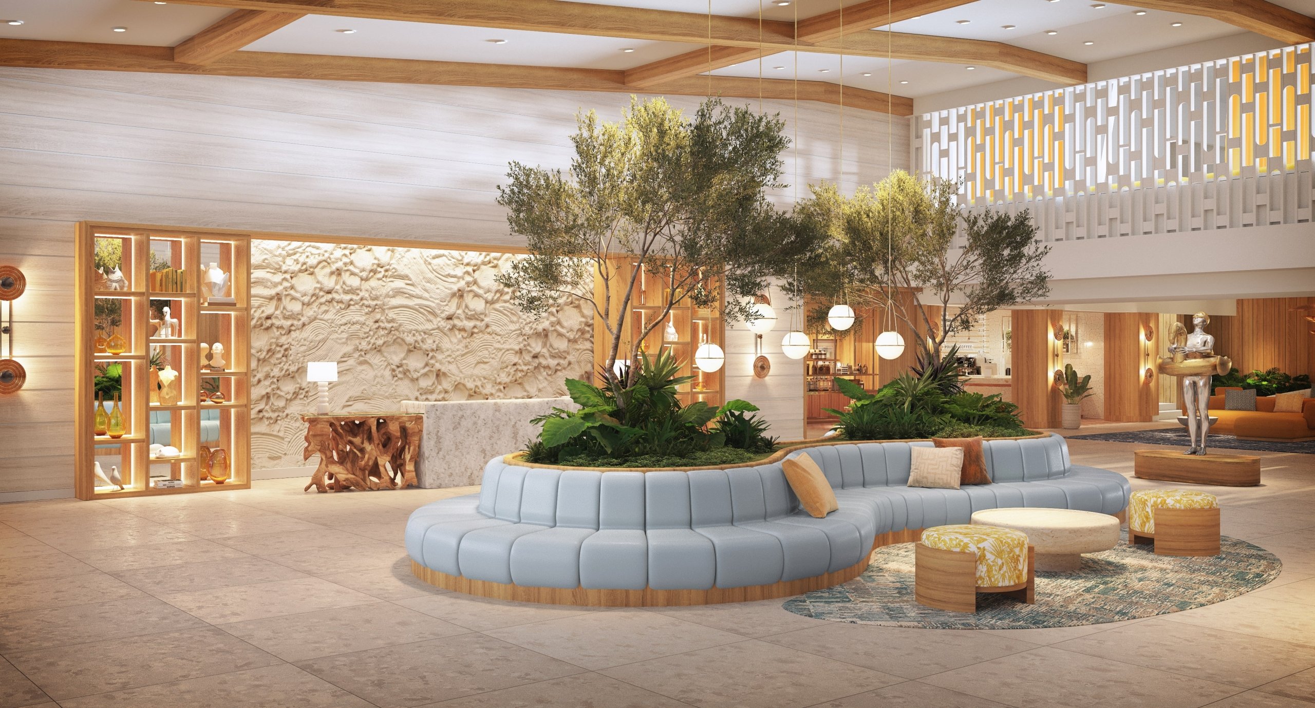 Comfortable seating areas, plants, decorations, and a sculpture in lobby of Sunny hotel