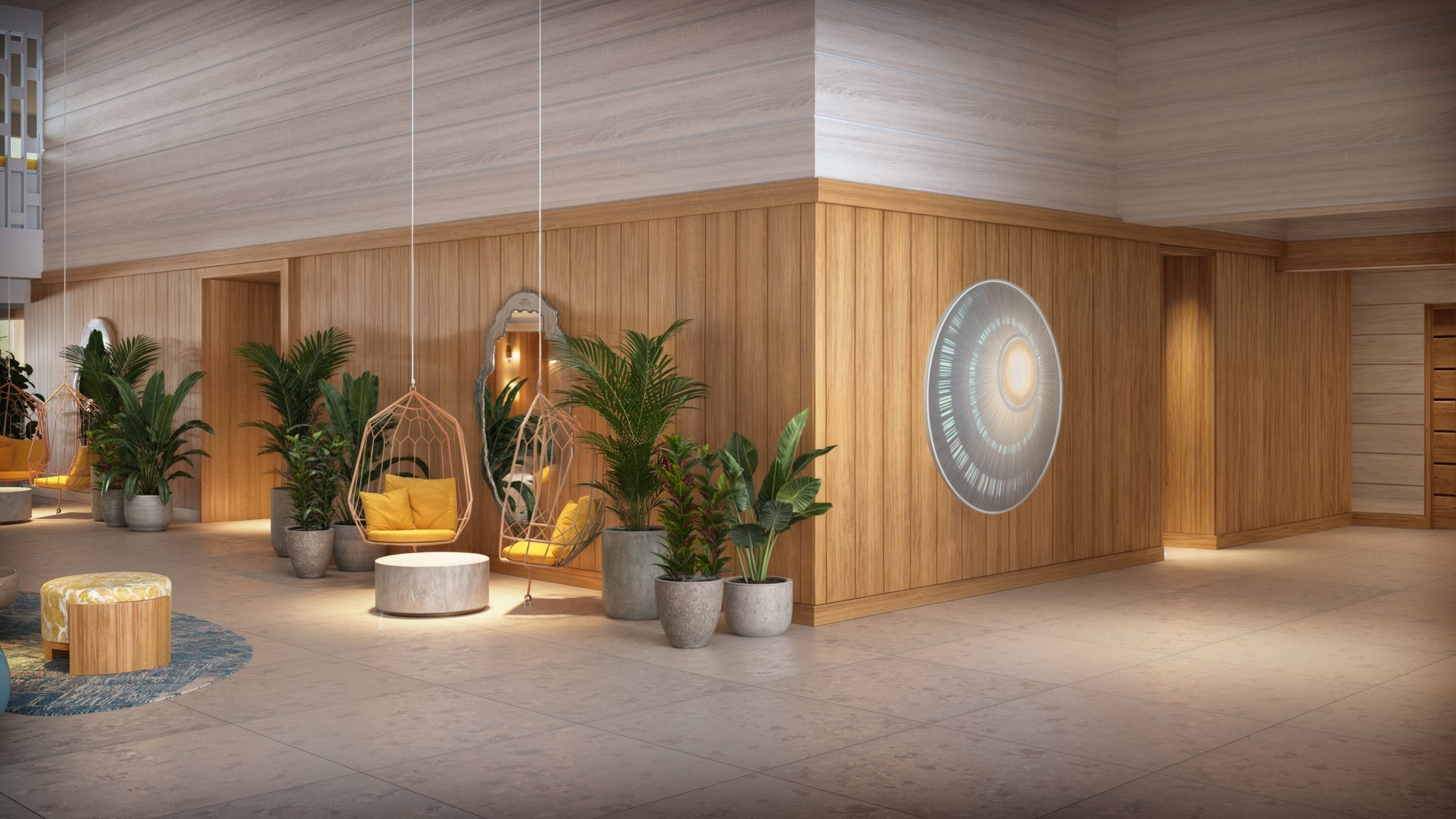 Wooden wall with hanging chairs in the lobby of The Sunny