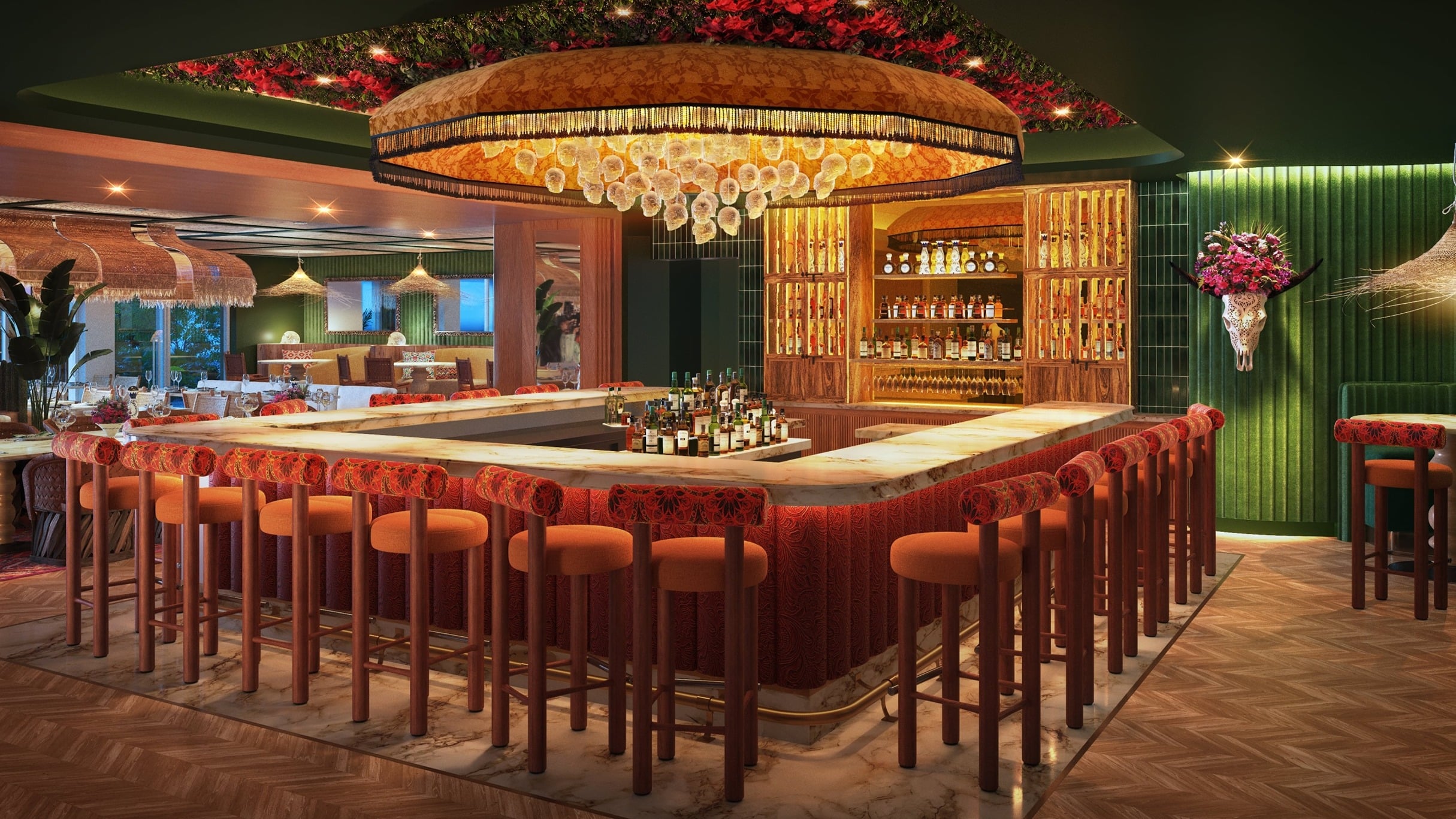 Stools set up around the bar at Julene